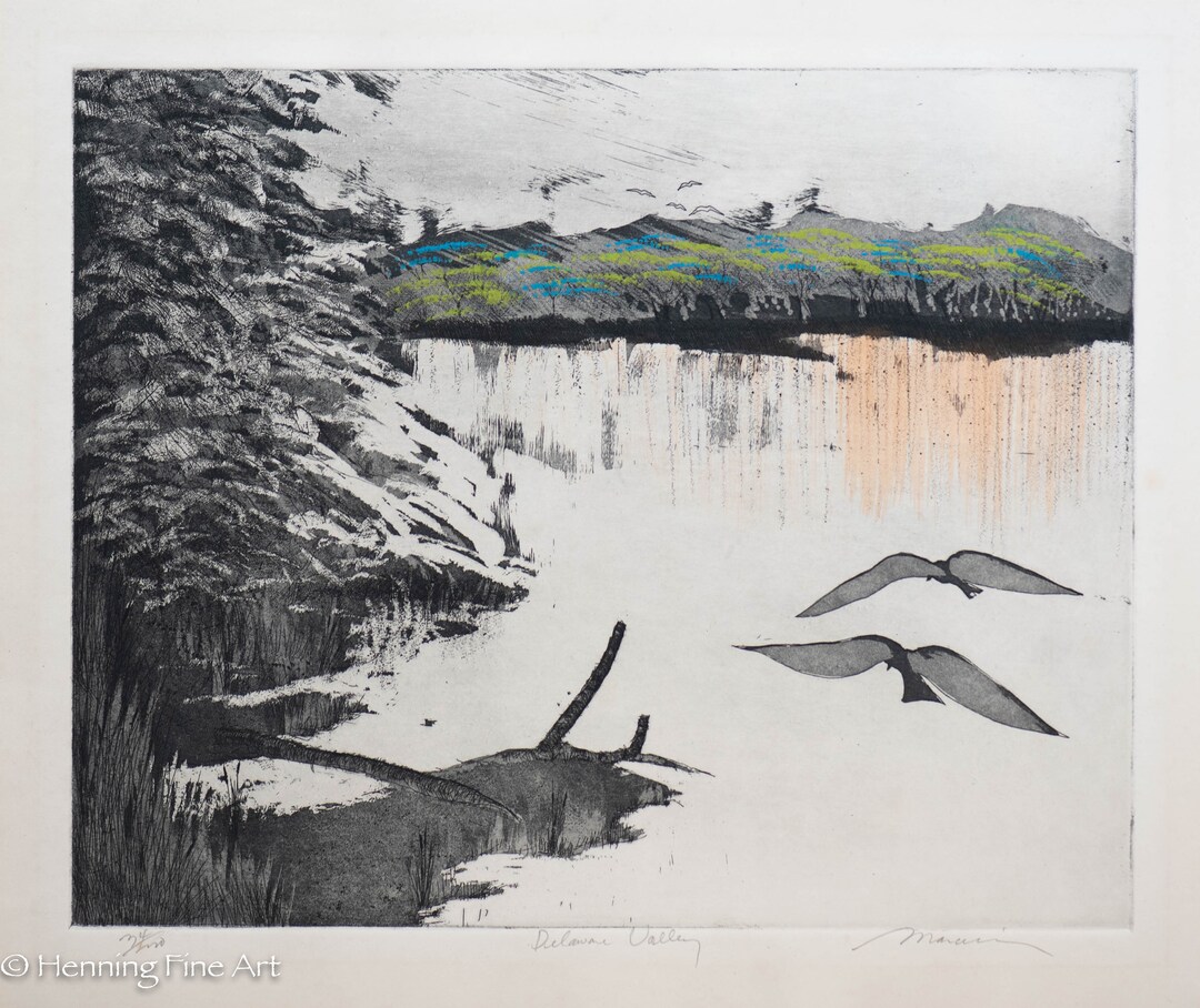 Beautiful Marcelino Rodriguez Etching Delaware Valley Landscape