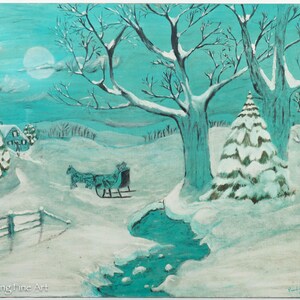 Beautiful Vintage Folk Art Oil Painting of Moonlit Winter Landscape by Pauline Honbough