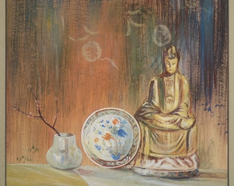 Fine Vintage Still Life Painting of Asian Antique Bronze Buddha Plum Blossom Porcelain Signed