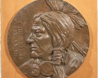Stunning Bronze Relief Plaque of Running Antelope Native American Portrait FINE