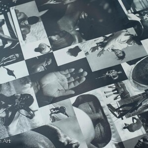 May include: Monochrome collage print with a grid pattern, displaying diverse images such as a hand, an American flag, and portraits. The print's arrangement includes a variety of subjects and textures. The artist's name, Henning Fine Art, is visible in the bottom left corner.