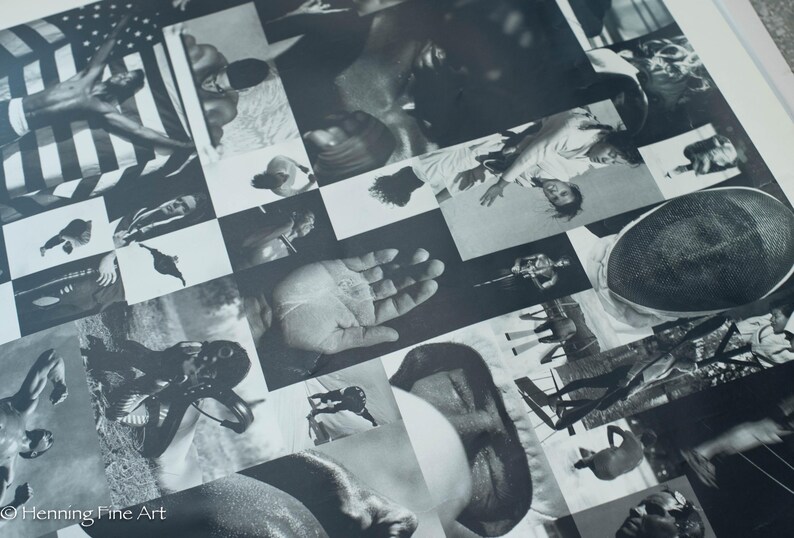 May include: Monochrome collage print with a grid pattern, displaying diverse images such as a hand, an American flag, and portraits. The print's arrangement includes a variety of subjects and textures. The artist's name, Henning Fine Art, is visible in the bottom left corner.