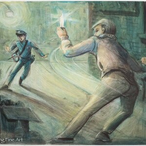 Stunning Original Illustration Drawing of Police Officer & Criminal w/ Knife!
