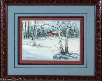 May include: A watercolor painting of a red barn in a snowy winter landscape. The barn is surrounded by trees, including birch trees with white bark. The scene is painted in soft, muted colors, with a focus on the peaceful beauty of the winter landscape.