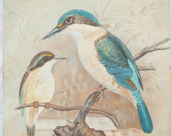 Beautiful Vintage Oil Painting of Two Kingfisher Birds Atop Watery Branch Signed