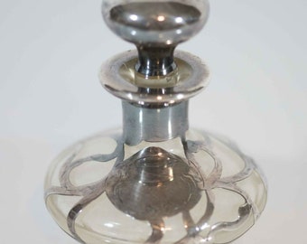 Antique Sterling Silver Overlay Art Nouveau Glass Bottle Perfume, No Monogram