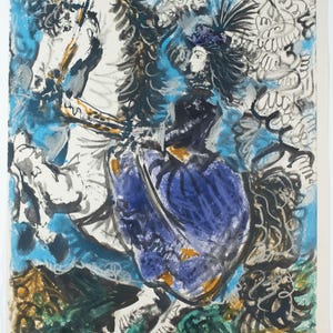 May include: A colorful abstract painting of a woman riding a white horse. The woman is wearing a blue dress and a black hat. The horse is surrounded by swirling blue and green shapes. The painting is signed "L.35J." in the upper right corner.