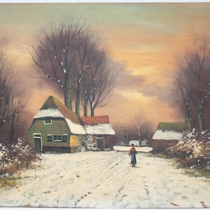 Beautiful Mid Century Dutch Winter Landscape Oil Painting, Snowy Sunset, Lovely!