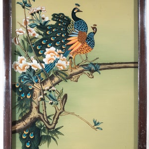 Beautiful Vintage Chinese Reverse Glass Painting Peacocks & Flowers 23 x 16.25&quot;