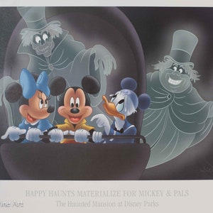 May include: Mickey Mouse, Minnie Mouse, and Donald Duck are riding in a doom buggy at the Haunted Mansion at Disney Parks. Two ghosts, one wearing a top hat and the other wearing a tall hat, are appearing behind them.