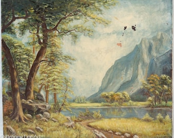 Stunning Vintage Oil Painting Yosemite Valley after Albert Bierstadt, Adell Fees