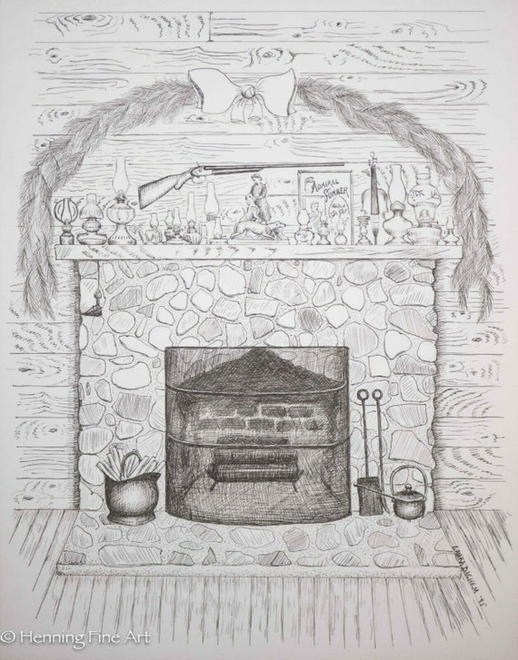 Original Ink Drawing of Christmas Scene W/ Fireplace, Antique Oil Lamps  Signed 1 - Etsy