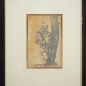 Beautiful Antique Albrecht Durer Engraving Albumen Print The Bagpiper, Fine!