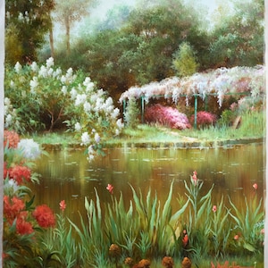 Beautiful Oil Painting of Floral Lake Landscape Signed &quot;O Bussche&quot; Lovely & Fine