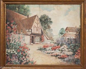 Beautiful Antique Oil Painting of European Village w/ Flower Gardens, Framed!
