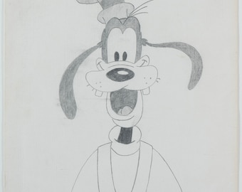 Lovely Vintage Pencil Drawing of Goofy Walt Disney Illegibly Signed 11 x 8.5''