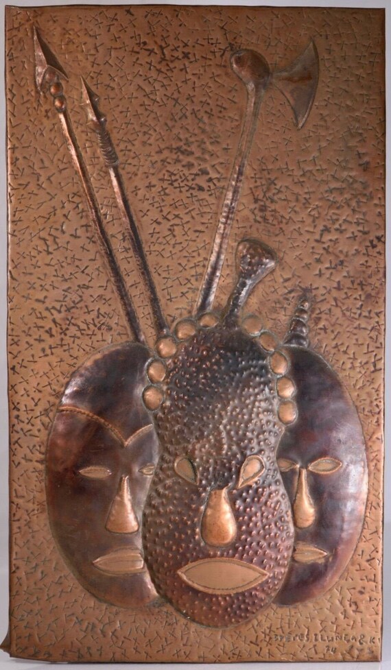 Vintage African Hammered Copper Folk Art Wall Plaque, 3 Masks