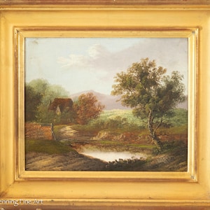 Stunning Antique Landscape Oil Painting Mountain Landscape Cottage & Pond FINE