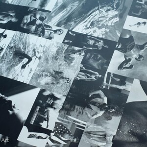 May include: A monochrome collage featuring multiple images of swimmers in action. The images are arranged in a grid, with some overlapping. The overall theme is aquatic and artistic, with a focus on movement and form.