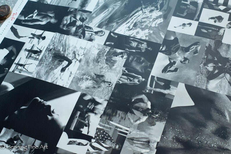 May include: A monochrome collage featuring multiple images of swimmers in action. The images are arranged in a grid, with some overlapping. The overall theme is aquatic and artistic, with a focus on movement and form.
