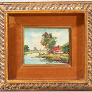 Vintage Dutch Landscape Oil Painting Windmill Cottage River, Framed & Charming