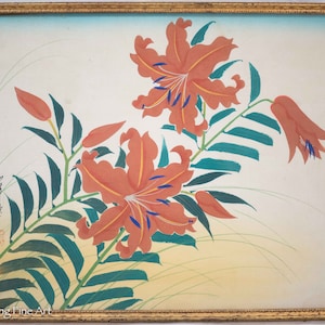 Vintage Fine Japanese Silk Painting Red Flower Still Life Signed & Framed