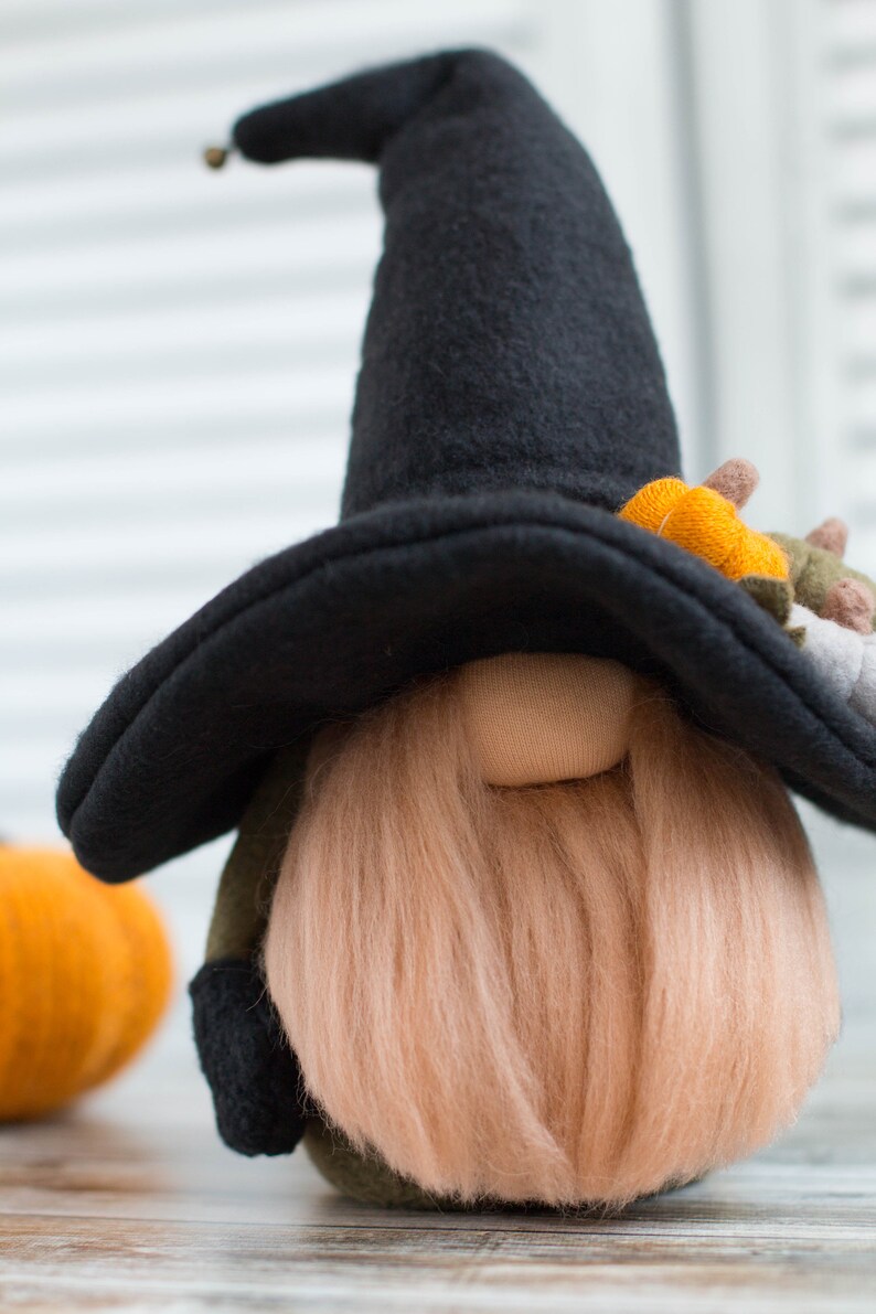 Fall gnome in a black gnome hat with small decorative Etsy
