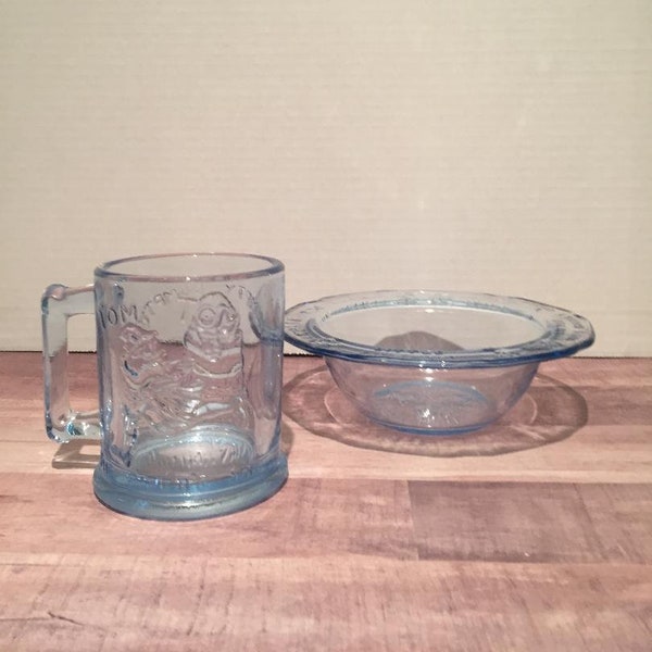 Vintage Ice Blue Tiara Exclusives Nursery Rhyme Bowl and Cup Set / Children's Indiana Glass Nursery Rhyme Set