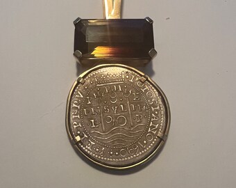Bolivian Pirate Pendant  14k Gold with 175 ct Ametrine and Silver from Potosi Mine made 8 Real reproduction Coin