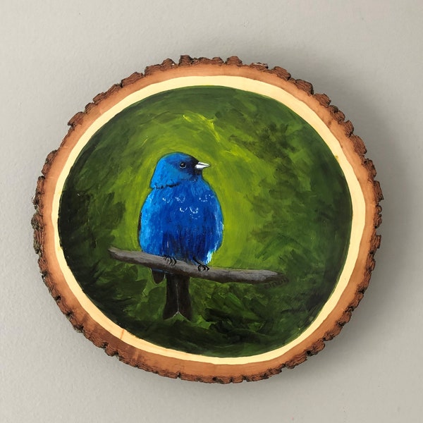 Wood slice painting, blue bird Indigo Bunting, wall hanging for decorating, acrylic painting on wood slice