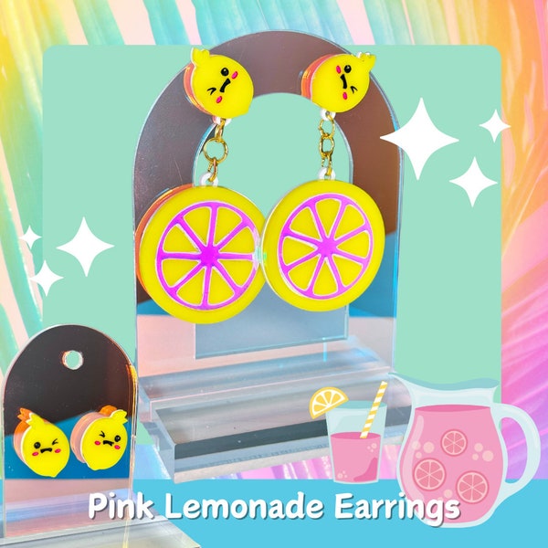 Pink Lemonade Earring, Gift for Women, Statement Accessory, Lemon Studs, Dangle Earrings, Kawaii Style, Fruit Jewelry for Teen, Teacher Gift