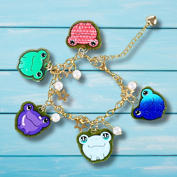 Frog Charm Bracelet, Gifts For Her, Tween Jewelry, Gold Charm Bracelet, Girls Accessory, Costume Jewelry, Statement Jewelry, Kawaii Frog