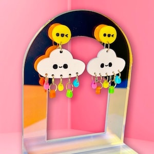 Kolczyki Rain Cloud, Prezent dla kobiet, Akcesorium typu statement, Tęczowe wiszące kolczyki, Kolczyki wiszące, Styl kawaii, Biżuteria słoneczna dla nastolatków, Prezent dla nauczyciela