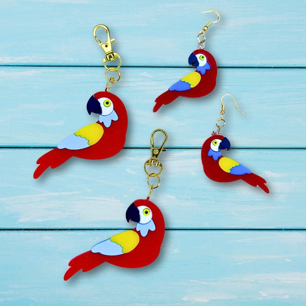 Parrot Keychain, Gift for Women, Bird Purse Charm,  Backpack Tag, Statement Earrings, Cute Accessories, Acrylic Dangles, Red Jewelry