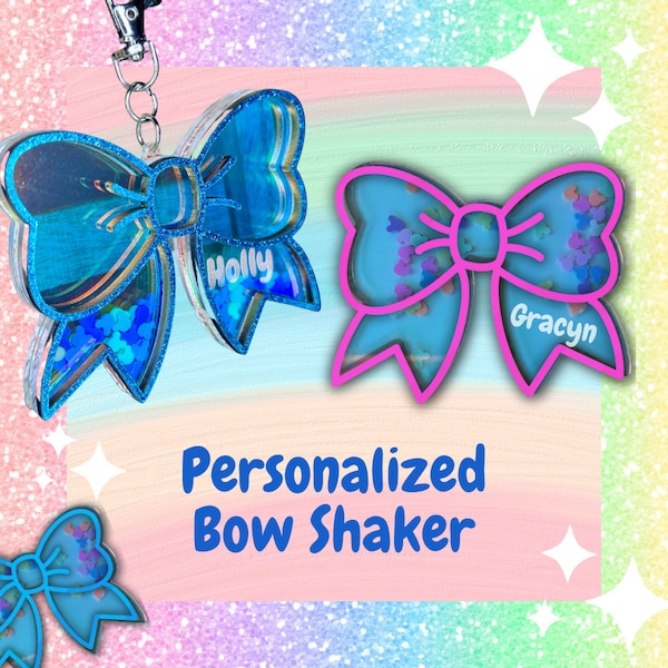 Personalized Bow Keychain, Gift for Girls, Glitter Shaker Charm, Acrylic Backpack Tag, Confetti Key Holder, Cheer Poms, Free Personalization