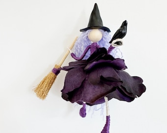 Purple Witch Art Doll with Crow and Broom, Handmade Poseable Wire Doll, 6 Inch Witch Ornament, Gothic Halloween Shelf Decor