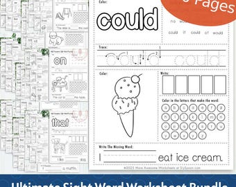 100 Page Ultimate Printable Sight Word Worksheets Bundle (Picture Sight Word) Kindergarten and 1st Grade Literacy Beginner Fry & Dolch