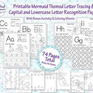 Mermaid Themed A-Z Alphabet Worksheets, Printable Upper & lowercase, ABC kindergarten Writing Practice, Preschool Letter Tracing, Homeschool