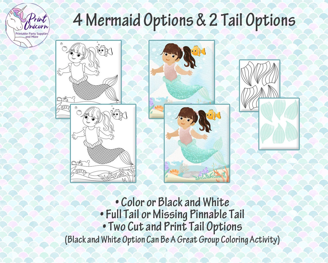 Pin the Tail on the Mermaid Printable Party Game Pin the Tail Little ...