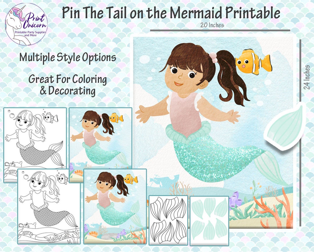 Pin the tail on the mermaid printable party game pin the tail little