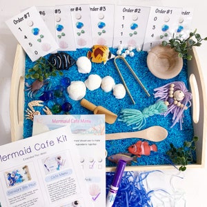 Kit poubelle sensorielle sirène - accessoires de jeu étendu sirène café avec cartes et menu réutilisable - pièces détachées - kit d'activités - poubelle Montessori