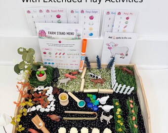 Farm Sensory Bin Accessories with Pretend Play Farm Stand Menu | Toddler Preschool Sensory Play Kit | Farm Animals Loose Parts Montessori