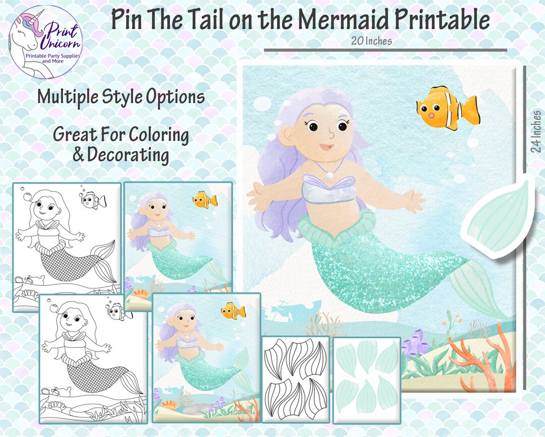 Pin the tail on the mermaid printable party game pin the tail little