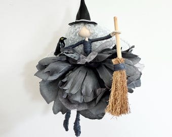 Gray Witch Art Doll with Crow and Broom, Handmade Poseable Wire Doll, 6 Inch Witch Ornament, Gothic Halloween Shelf Decor