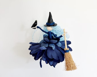 Blue Witch Art Doll with Crow and Broom, Handmade Poseable Wire Doll, 6 Inch Witch Ornament, Gothic Halloween Shelf Decor