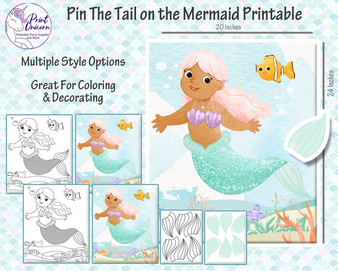 Pin the tail on the mermaid printable party game pin the tail little