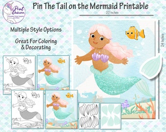 Pin The Tail on the Mermaid Printable Party Game - Pin The Tail - Little Mermaid Under the Sea Birthday Party Themed Game - Download