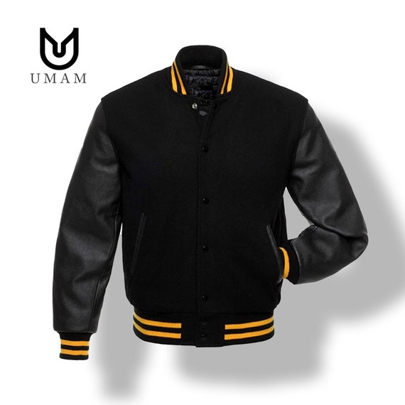 Yellow Black Varsity Wool Leather Bomber Jacket