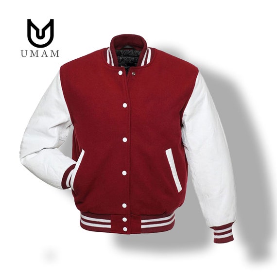 Wool Mix Varsity Jacket with Leather Sleeves in Black College Wear