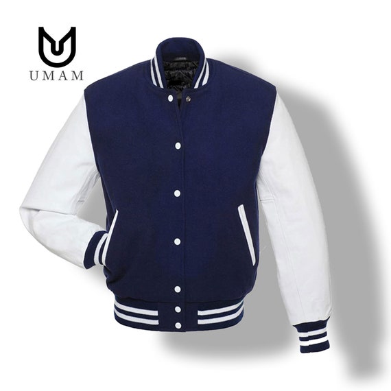 Varsity Jacket Baseball Letterman Bomber School Collage Of Black Wool and  Genuine Navy Blue Leather Sleeves at  Men’s Clothing store